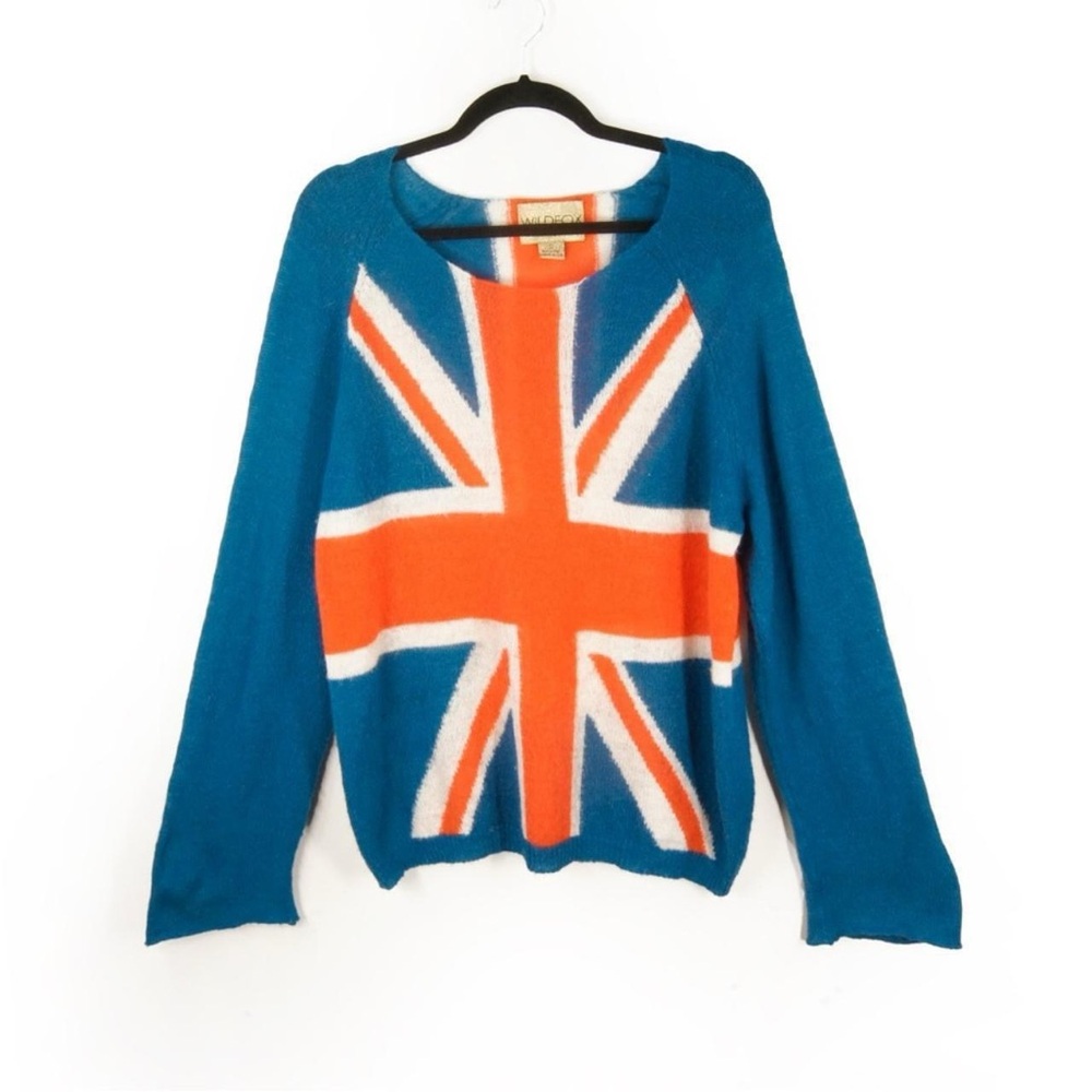 Vintage Wild Fox Indie Union Jack British Flag Knit Wool Pullover Sweater - Picture 3 of 6